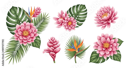 Vibrant floral arrangements of pink blossoms and green tropical foliage illustration