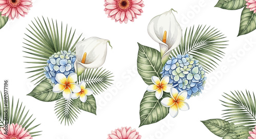 Watercolor floral pattern featuring calla lilies and gerbera daisies on white