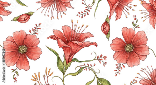 Elegant floral pattern with red lily flowers and buds on a white background