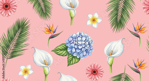 Floral pattern illustration with various flowers and green leaves on pink background