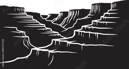 Black and white illustration of a deep canyon landscape