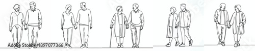 line art of old couple walking with holding hands affectionately on valentine's day