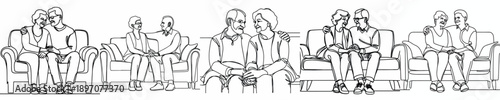 line art of an old couple sitting affectionately on the sofa on Valentine's Day