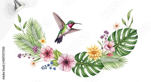 Hummingbird flying above floral arrangement with leaves and colorful flowers