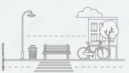 Minimalist urban street scene with bicycle and bench