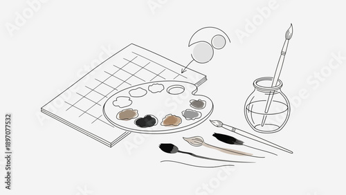 Art supplies for painting, including a palette and brushes.