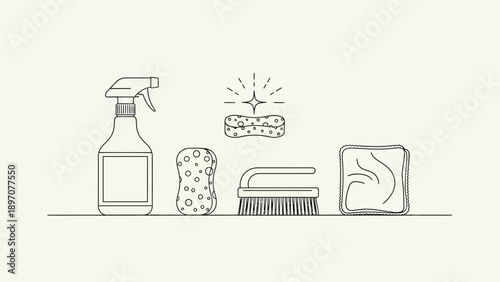 Set of cartoon cleaning supplies on a white background.