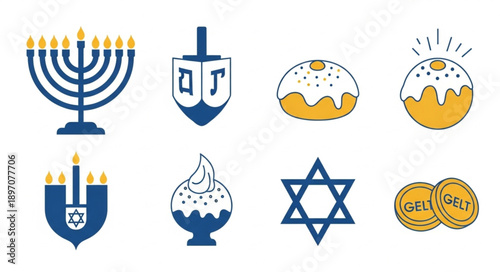 Hanukkah Symbols Collection Menorah Dreidel Donuts Star of David.