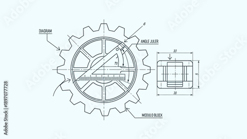 Technical drawing blueprint with gear and measurements.