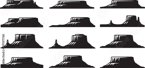 Collection of various desert mesa silhouettes in black and white
