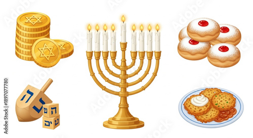 Hanukkah Symbols Including Menorah Dreidel Gelt and Food.