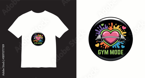 Gym mode t-shirt design with colorful heart and dumbbell for fitness and exercise enthusiasts