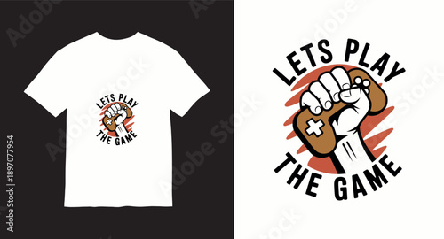 Gamer t-shirt design featuring strong fist holding game controller with motivational slogan