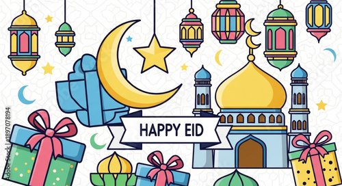 Happy Eid Celebration with Crescent Moon Mosque and Gifts.
