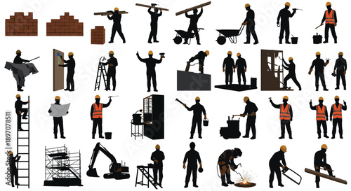 Construction Workers and Builders Silhouette Set