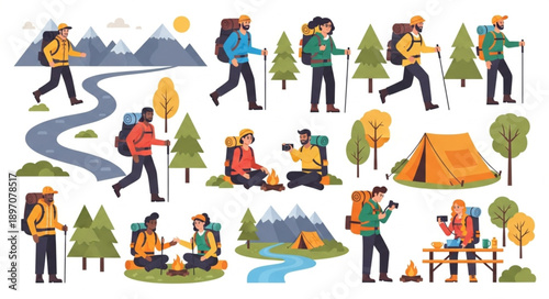 Group of hikers enjoying outdoor activities and camping in the mountains.