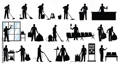 Janitors and Cleaning Staff Service Silhouette Set