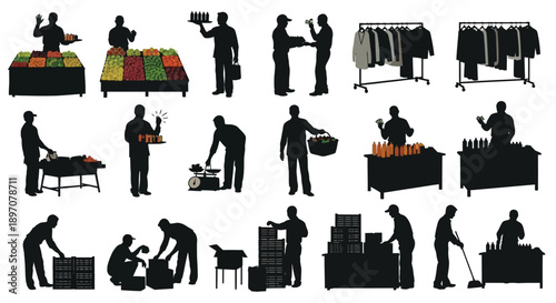 Market Sellers and Stall Vendors Silhouette Set
