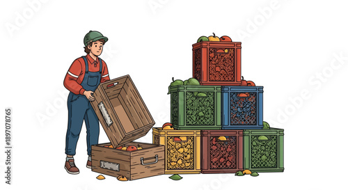 Farmer with wooden crates full of fresh fruit harvest