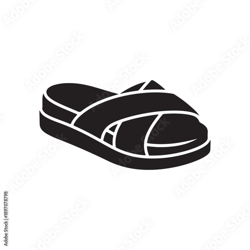 Cross band slippers black glyph icon. Footwear for lounging at home. Comfortable shoes. Domestic flip flops. Homeware and sleepwear. Silhouette symbol on white space. Vector isolated illustration
