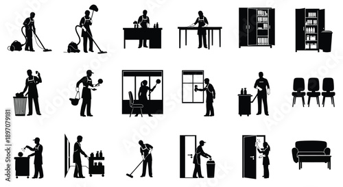 Janitor silhouettes with professional cleaning equipment and tools