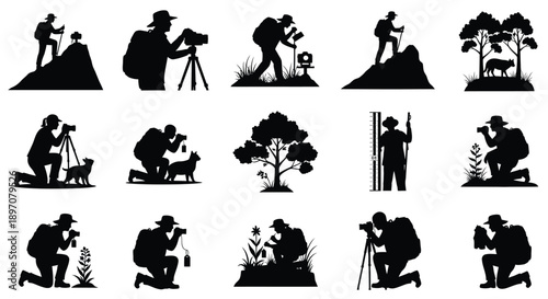 Nature photographer silhouettes hiking and taking photos in wild