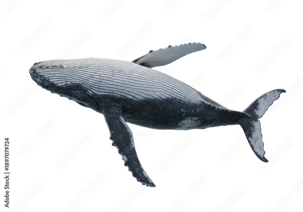 Fototapeta premium Detailed view of a humpback whale in profile isolated on white background