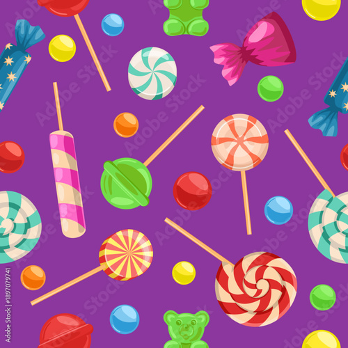 Bright colored lollipop. Sweet dessert for kids. Candy on a stick seamless pattern. Pink, blue, yellow spiral ball. Seamless background. For festive themed, children's products and packaging