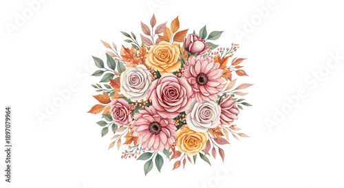 Watercolor floral arrangement of roses and gerbera daisies on white background