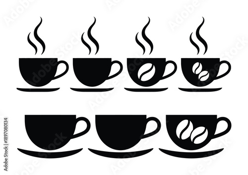 Black Silhouette Coffee Cups with Steam and Beans on White Background