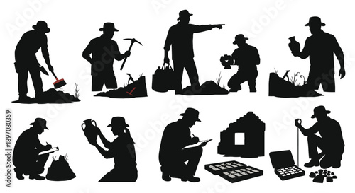 Archaeologist silhouettes excavating ancient artifacts at dig site