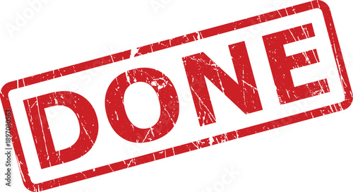 A bold red rubber stamp showing the word DONE with a grunge texture on a clean white background