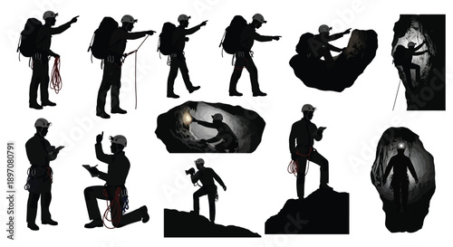 Cave explorer silhouettes climbing and researching in dark caverns