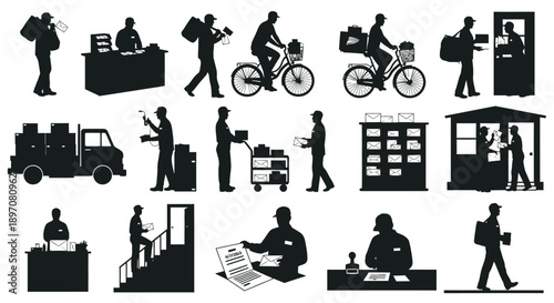 Postal service silhouettes with mail carriers delivering packages