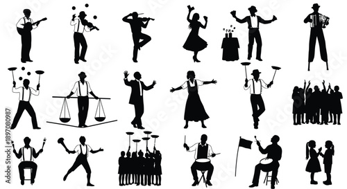 Circus performer silhouettes with jugglers acrobats and street artists