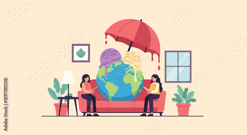 Flat illustration of earth as melting ice cream with people under umbrella