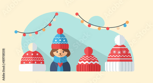 Flat illustration of festive winter hats and a character under string lights