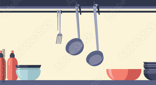 Flat illustration of kitchen utensils and bowls on a shelf