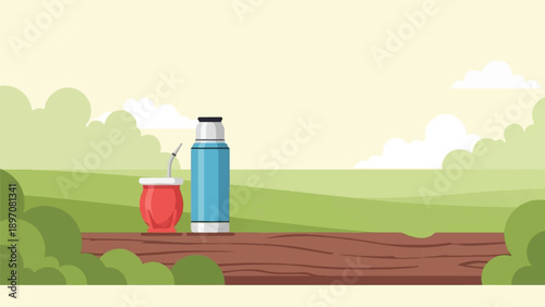 Flat illustration of mate and thermos on wood with rolling hills backdrop