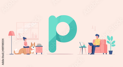 Flat illustration of people and dog in a minimalist room with large abstract shape