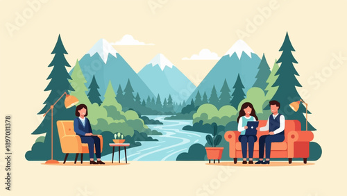 Flat illustration of people in nature, with mountains and a river