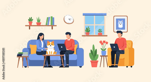 Flat illustration of people and dog working on laptops at home