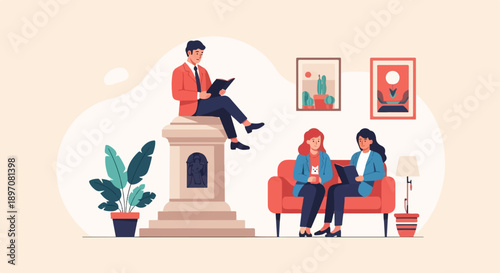 Flat illustration of people reading and relaxing indoors