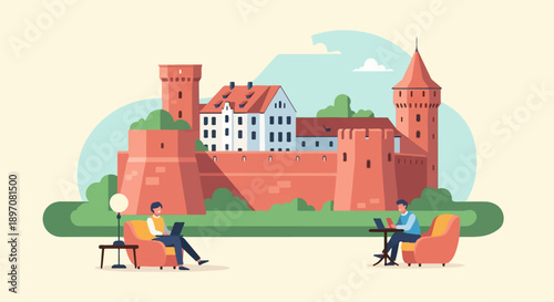 Flat illustration of people working remotely near a historical castle