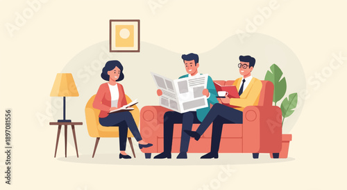 Flat illustration of three people relaxing indoors, one reading a newspaper