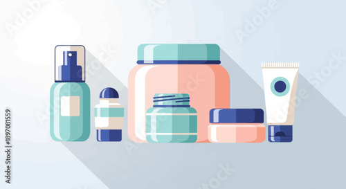 Flat illustration of skincare products on a pale blue background