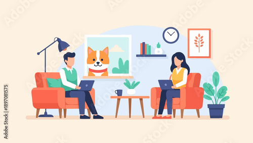 Flat illustration of two people and a dog working on laptops in a cozy living room