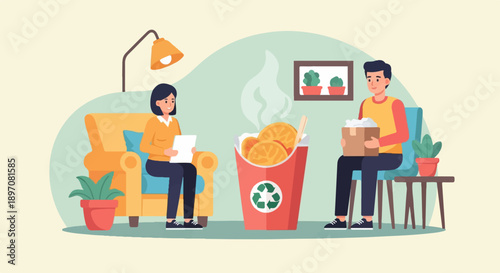 Flat illustration of two people in a living room with food and plants