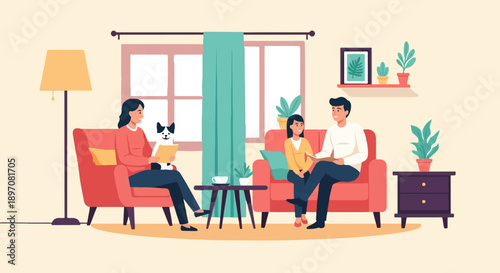Family relaxing at home with a pet, reading and chatting