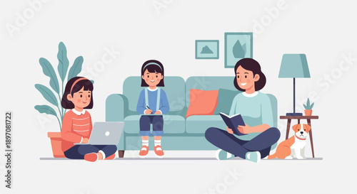 Family relaxing at home mother reading, daughters learning, dog nearby